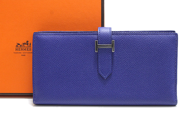 ★美品箱付き★ エルメス ◆ベアンスフレ レザー 二つ折り 長財布 □R刻 ネイビーブルー ウォレット Hバックル ユニセックス