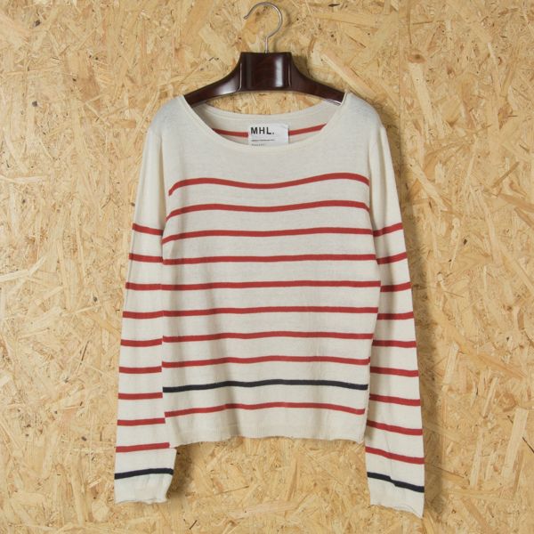 美品 MARGARET HOWELL MHL ニット 長袖 ボーダー コットン リネン シンプル オフホワイト/赤茶 2 日本製 ゆうパケット○ d3c162WMN