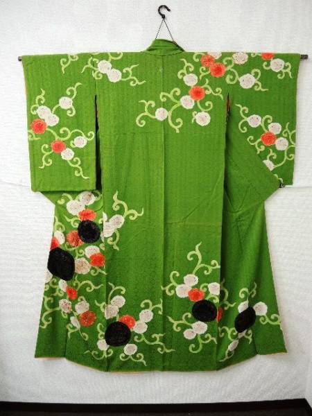 1727/△古い中振袖 紋意匠縮緬漆柄入り 正絹 和装 和服 着物 大正ロマン アンティーク 昭和レトロ