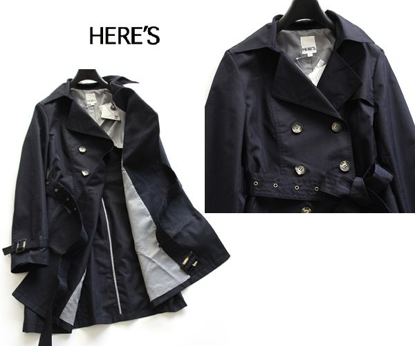 HERE'Sヒアーズ★裏地ストライプ撥水加工スプリングトレンチコート/NVL★