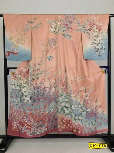 スピ買■ 着物 1円 訪問着 ピンク 草花文 染分け バチ襟 正絹 袷（10月～5月） 154cm Sサイズ 名品
