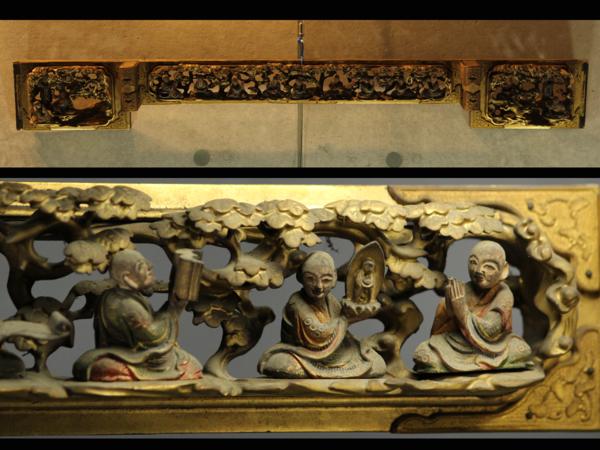 【永】【滋賀県古刹寺院修繕修復放出品特別委託】 大仏欄間 樹下十六羅漢修行細密彫 　室町～桃山