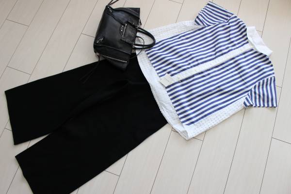 N54 新品 S&S Spick&Span スピック＆スパン スピックアンドスパン レース ストライプ 切替 フレアー ブラウス プルオーバー シャツ 白 青