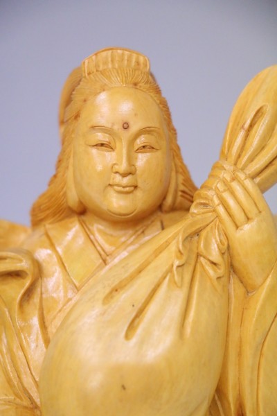 弁財天 中国美術 細密彫刻 木彫 中国人間国宝 葉 偉明 (2815) 本黄楊彫刻 -