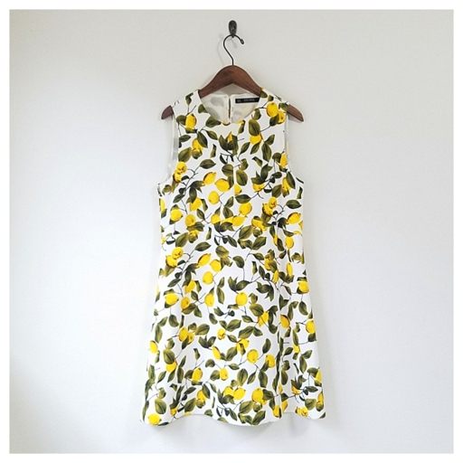ZARA ザラ ボタニカル レモン プリント Aライン ワンピース 白×イエロー S 田丸麻紀