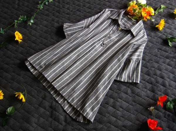 Y170/LL 新品 ナチュラル ストライプ ダンガリー スキッパー シャツ チュニック 黒系 LLサイズ 2L XL レディース 大きいサイズ