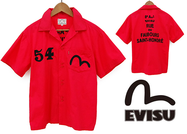 美品 エヴィス EVISU カモメ・ナンバリング豪華チェーン刺繍 半袖ボーリングシャツ 赤/38