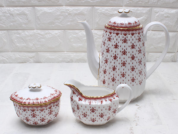 スポード フルールドリス レッド ティー ポット シュガー クリーマー ホワイト 金彩 Spode
