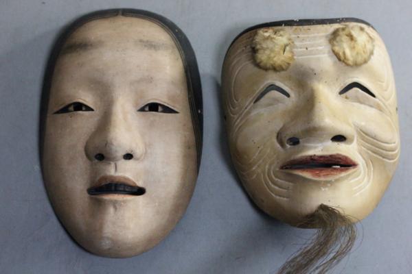 E498 木彫能面2点/翁/おかめ/お面/手彫/円慶作/能/狂言/古物/東洋彫刻