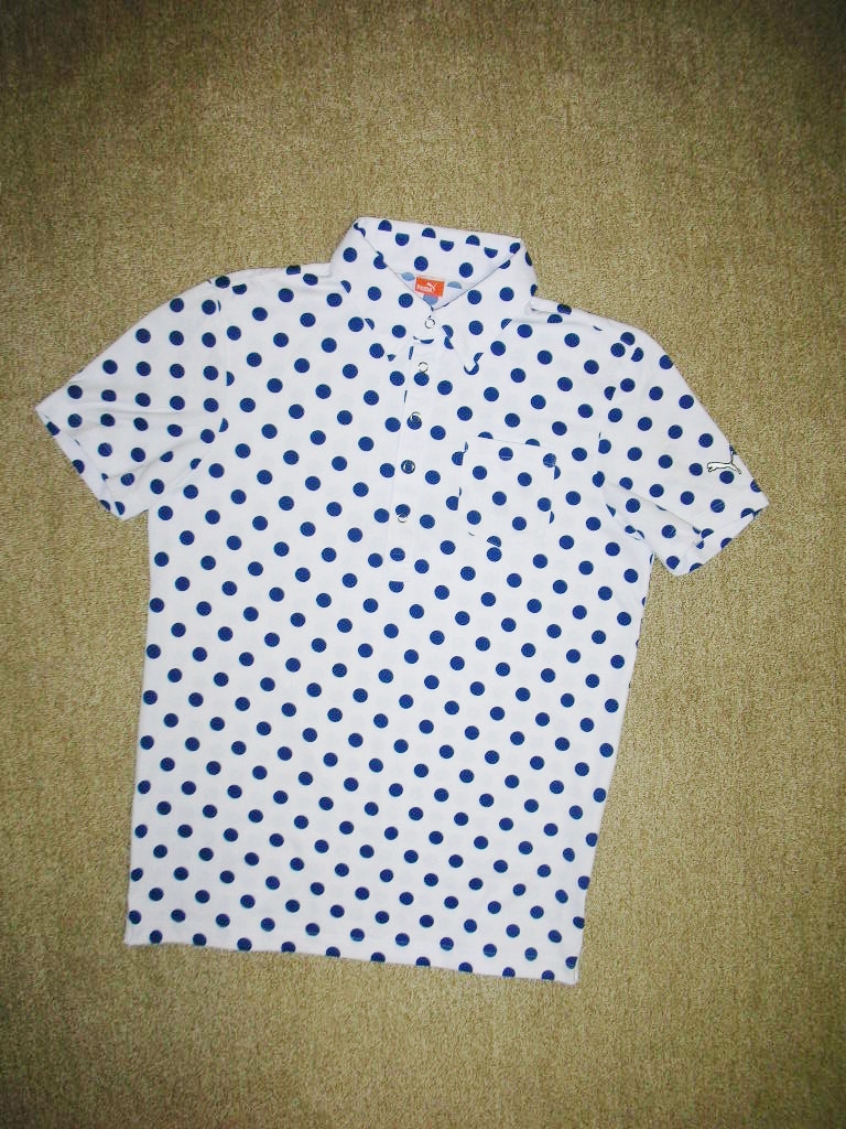 正規 美品 プーマゴルフ ドット柄 ストレッチ ポロシャツ Ｌ 白青 PUMA GOLF プーマ ゴルフ 定形外