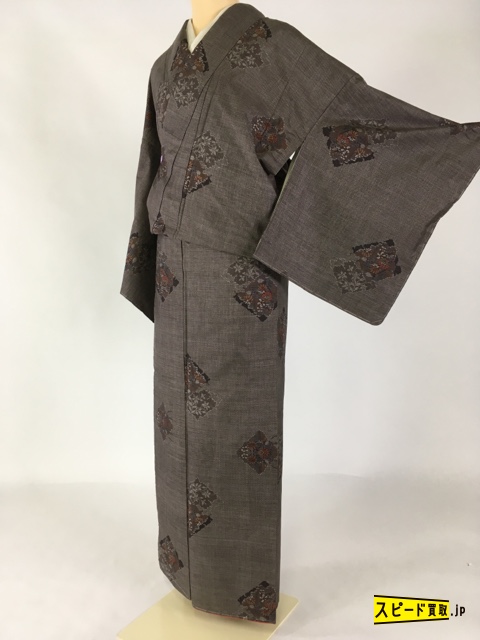 スピ買■ 着物 1円 名品 大島紬 焦茶色 草花文 カタス式 幾何学 正絹 袷 164.5cm Mサイズ ☆☆☆☆
