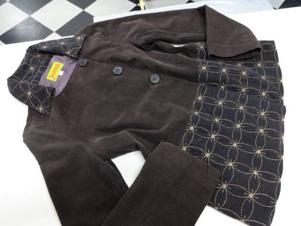 ★ホコモモラ★美品！秋から♪オリエンタルな刺し子刺繍がお洒落♪チョコブラウンのハーフコート・40