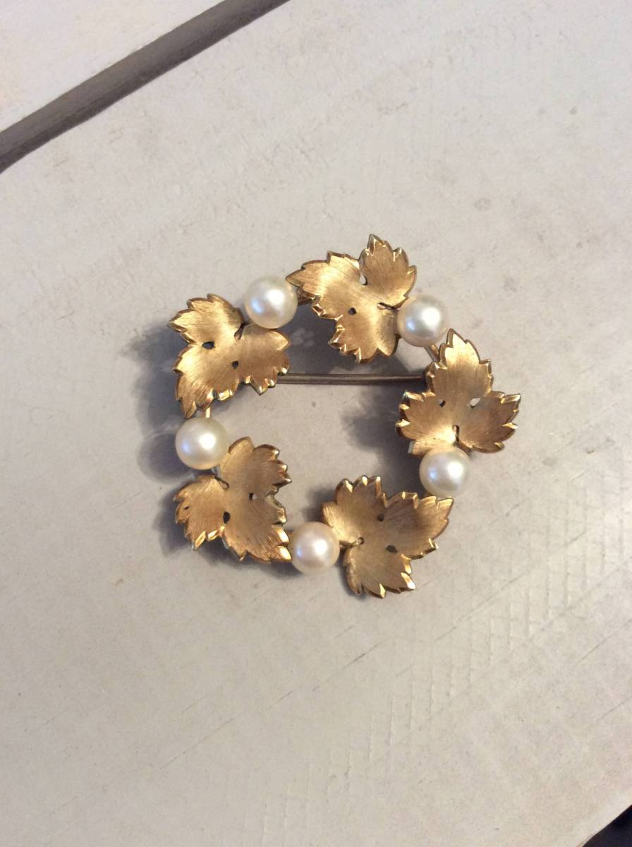 クレメンツ KREMENTZ　ヴィンテージ 　本真珠＆金色　葉　ブローチ　美品