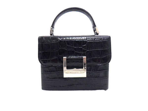 【税込】即決 ノーベスパジオ クロコ型押し ヴィンテージ バニティー バッグ 小ぶり ハンド 黒 ブラック レザー 良品 ☆ NOVESPAZIO 8866h