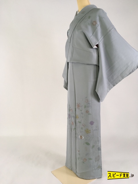 スピ買■ 着物 1円 名品 付下げ 水色 花唐草 汕頭刺繍 金糸 正絹 袷 身丈156cm 裄丈66cm ☆☆☆☆