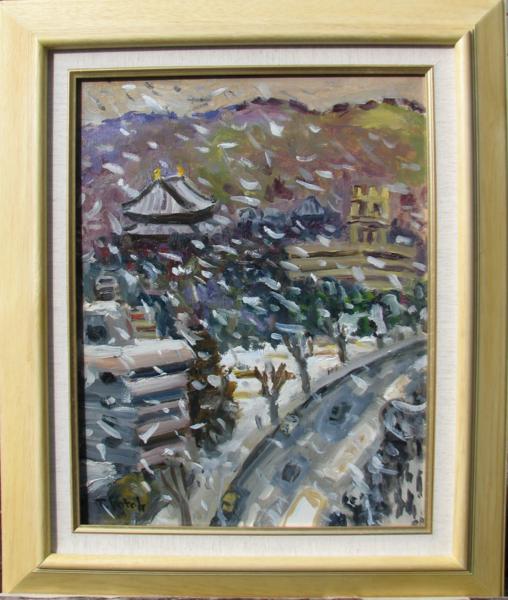 日展実力作家，後藤武久「大佛殿 雪」6号油彩，師朝比奈文雄