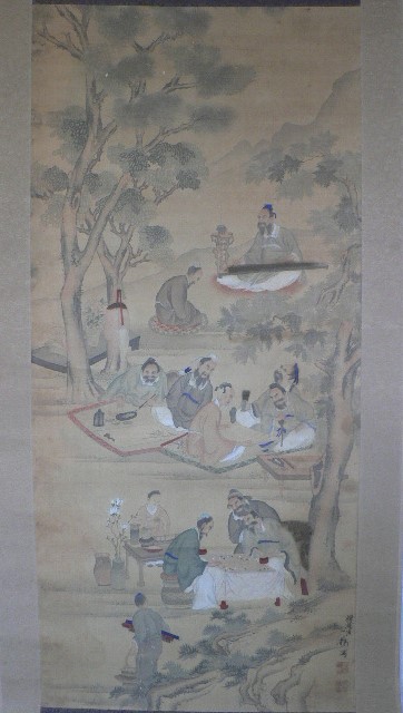 古い絹本 唐人物　肉筆