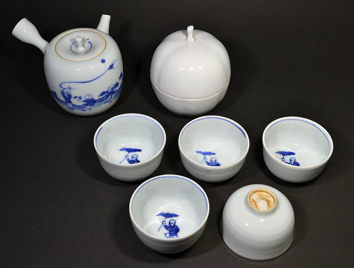 工芸品 村田 亀水 染付 花紋 煎茶器 急須 煎茶碗 五客