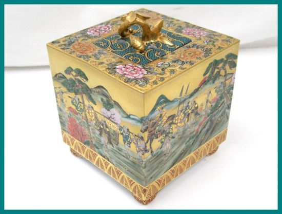 63810★未使用 伝統工芸士 西田柏翠 九谷焼 金彩色絵 蓋付き 角香炉 大名行列 共箱付/陶磁器/茶道具