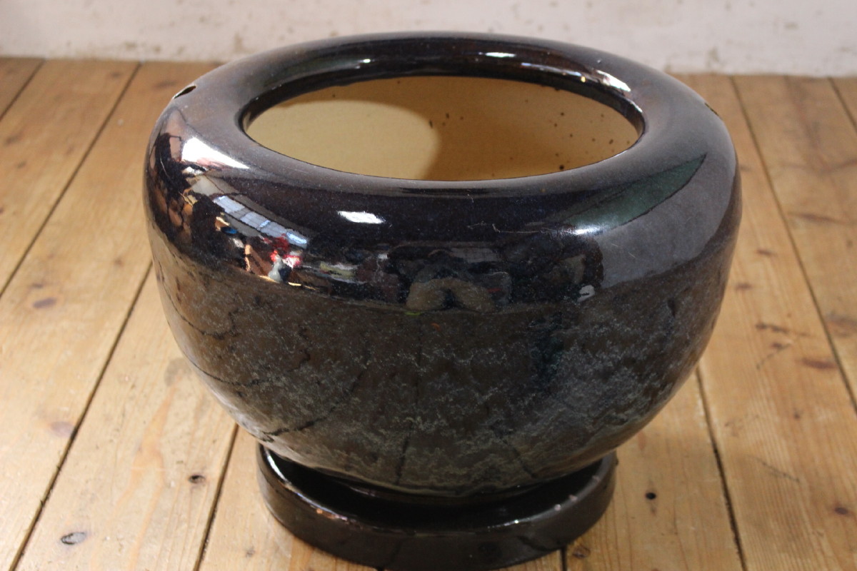 E531　青海鼠火鉢/大型/手あぶり/金魚鉢/メダカ入/睡蓮鉢/花器/アンティーク/瀬戸火鉢/37387