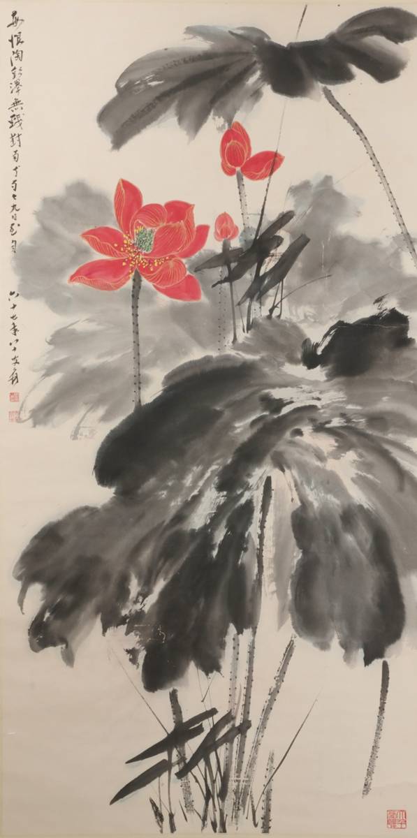 中国美術 中国画 近代画家「張大千 墨荷図」肉筆紙本 ☆掛軸☆大珍品☆