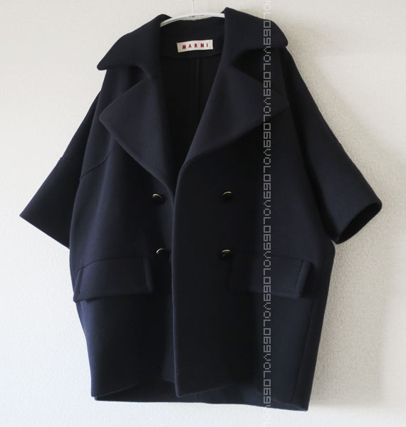 マルニMARNIエッグ コクーン ダブルブレスト オーバーサイズ ミドル コート38ネイビー ダークブルー