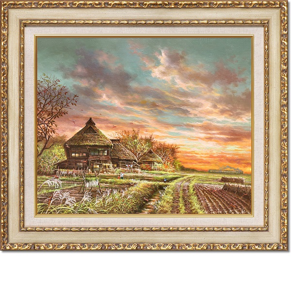原風景巨匠 大友一美 夕焼け赤とんぼ 油絵 真作保証 秋 夕景 古民家