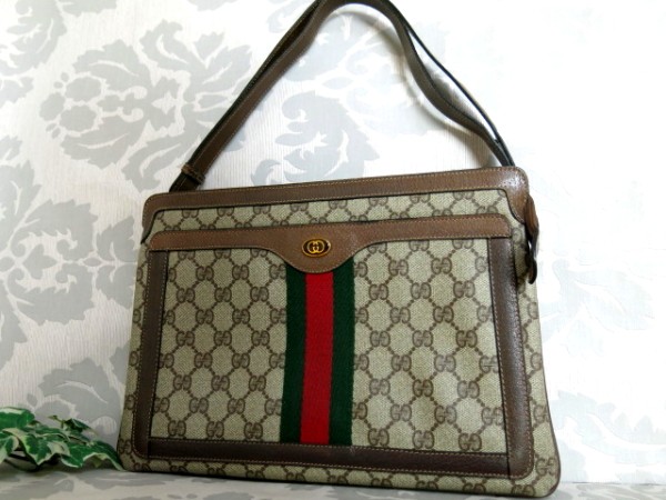 ●GUCCI オールド グッチ●ヴィンテージ●シェリー GG 柄 PVC レザー 革 ショルダー バッグ●茶 ブラウン 緑 赤●B5●肩掛け 斜め掛け●