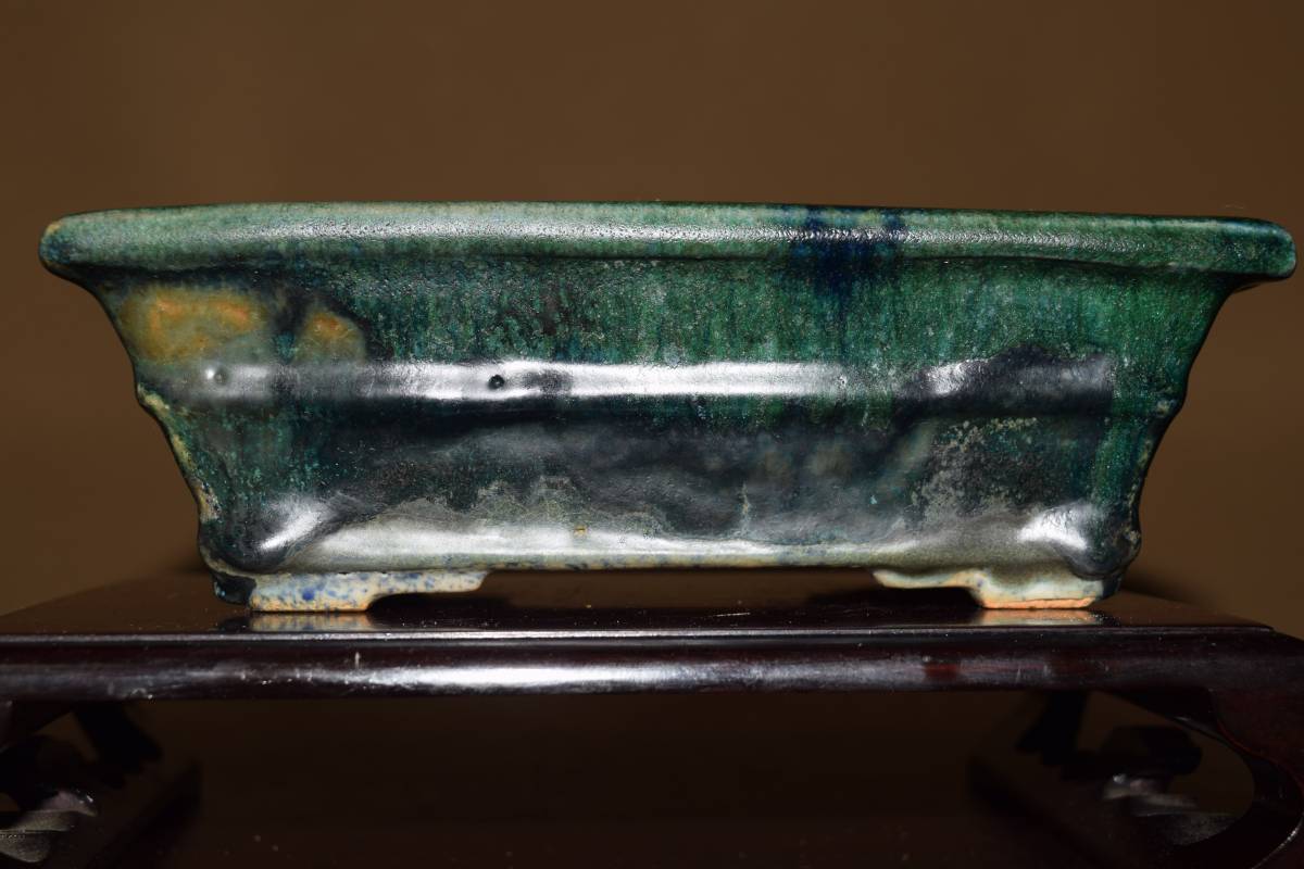 盆栽鉢 武州庵福茂 福田茂 緑釉外縁六角鉢 縦約14cm