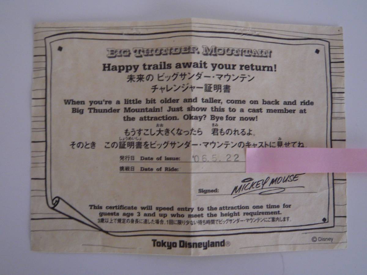 TDL ディズニーランド 未来のチャレンジャー証明書(ファストパス 未来 