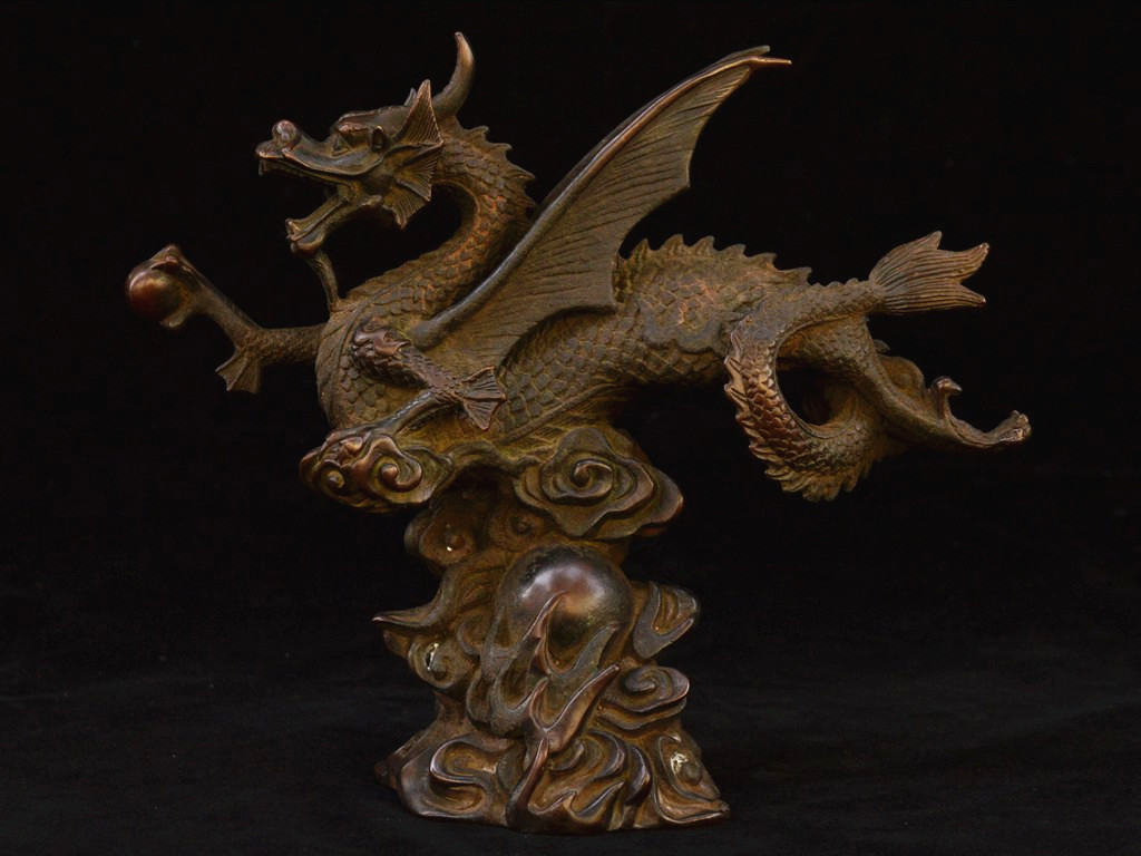 龍文様 剣装飾品 W時代物 銅製の彫刻 中国古美術 極細工 工芸品 美術品置物 新年おまけ付き 旧時民間収集 古銅細工製 応龍 翼龍 置物 縁起物 - |