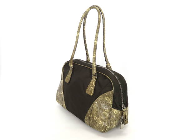 1円 プラダ リザード×ナイロン ミニ ボストンバッグ ブラウン BU810