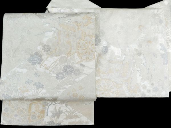 194cviji ９００織佐賀錦袋帯 ６通柄 御所車 白銀色 中古Ａ【ことこと屋】