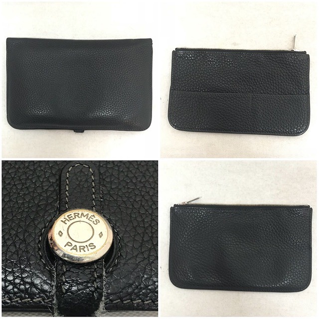 HERMESエルメスドゴンGM財布ケース小銭入れ札入れセットブラック黒レザー革2006年シルバー銀セリエカードケースJ刻印 即決フリマ H-11967