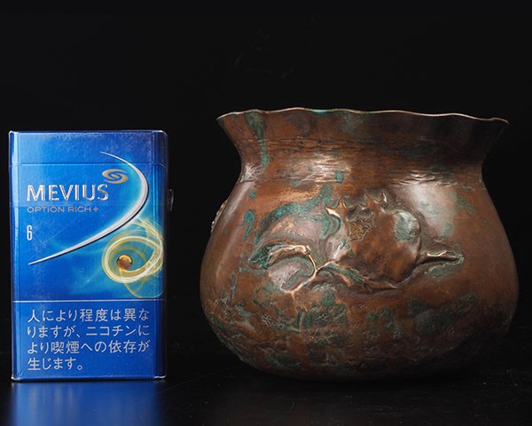 加】1175e 時代 茶道具 銅製 打出蛙漢詩図袋型建水 100g / 煎茶道具
