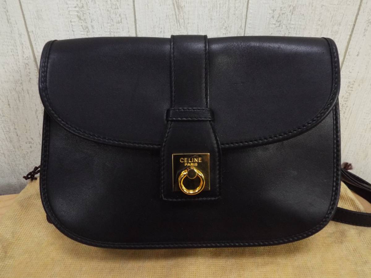 オールドセリーヌ CELINE ◆ ショルダーバッグ ガンチーニ金具 レザー ◆ ブラック
