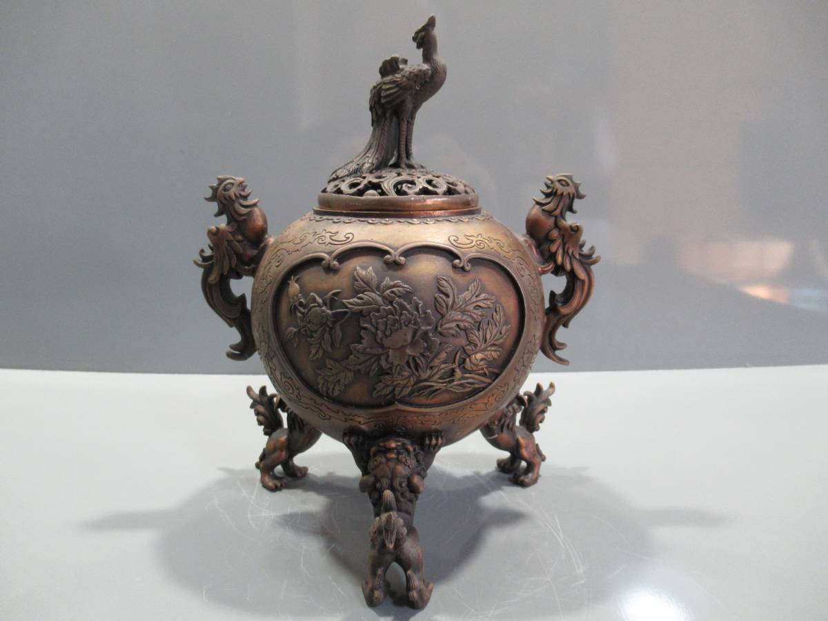 古銅 鳳凰三足香炉 花入セット Bronze Phoenix Vintage 翔】香道・香炉・玉型鳳凰摘み蓋・三獅子足銅製香炉