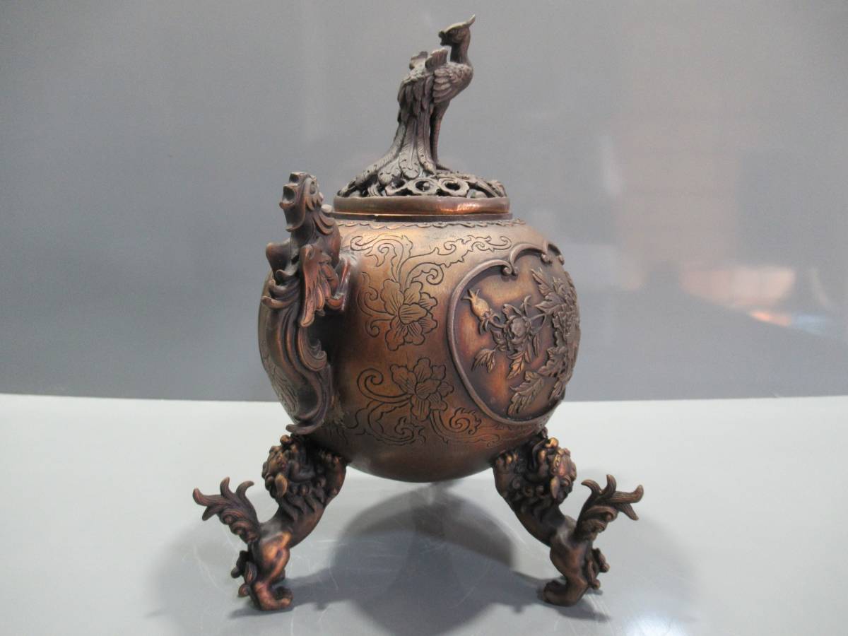 時代物 古銅製 香炉 福字 龍文 鳳凰文 骨董 古美術 アンティーク　宝船 翔】香道・香炉・玉型鳳凰摘み蓋・三獅子足銅製香炉