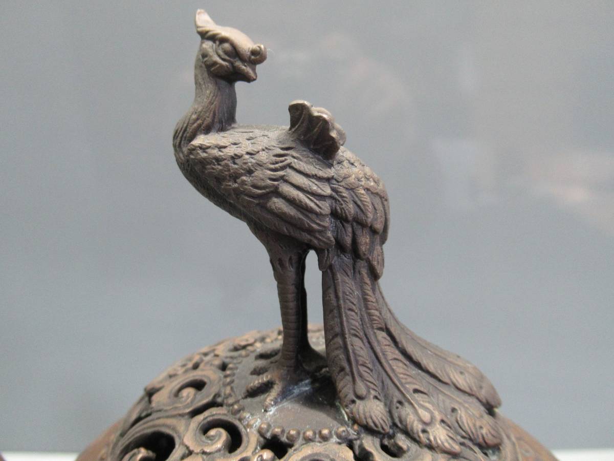 翔】香道・香炉・玉型鳳凰摘み蓋・三獅子足銅製香炉