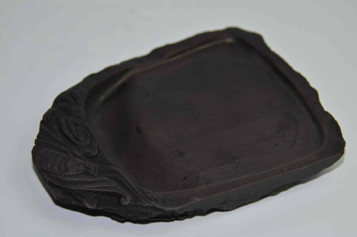 端渓硯 端硯 コウモリ（蝙蝠）彫 細密彫刻 硯箱付 S56年5月北京で購入