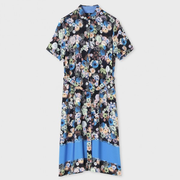 今期 新品 ポールスミス 46，440 ウィメンズ “Marine Floral”シャツワンピース 40 ネイビー系 花柄 ワンピース