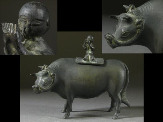 古玄社】時代 古銅造牛童子／のったり香炉 IM322 古美術 古銅