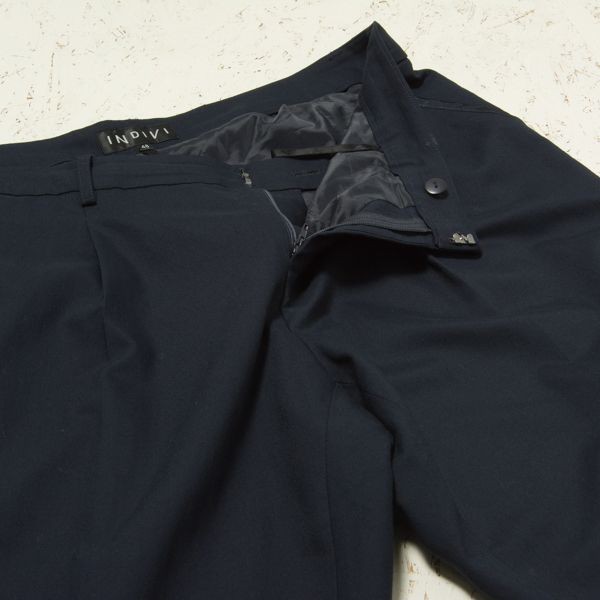 パンツ 0 美品 「定番スーツ／UVケア／洗える」ウール調タックテーパードパンツ 「洗える ワイドパンツ（パンツ(単品 ゆうパケット○ 美品 INDIVI パンツ スラックス テーパード タック レーヨンポリ 大きめ ネイビー 48 日本製 e4a156WMN