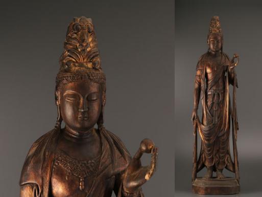 仏教美術 木彫 観音像 仏像 置物 【流】仏教美術 木彫観音立像 高91.5cm