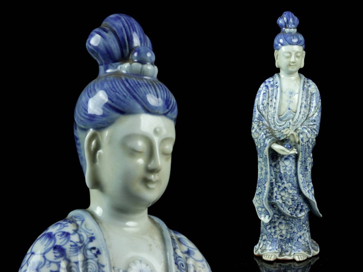 ◇櫟◇ 中国古玩 唐草花染付観音菩薩像 36cm 細密細工 仏像唐物骨董 H