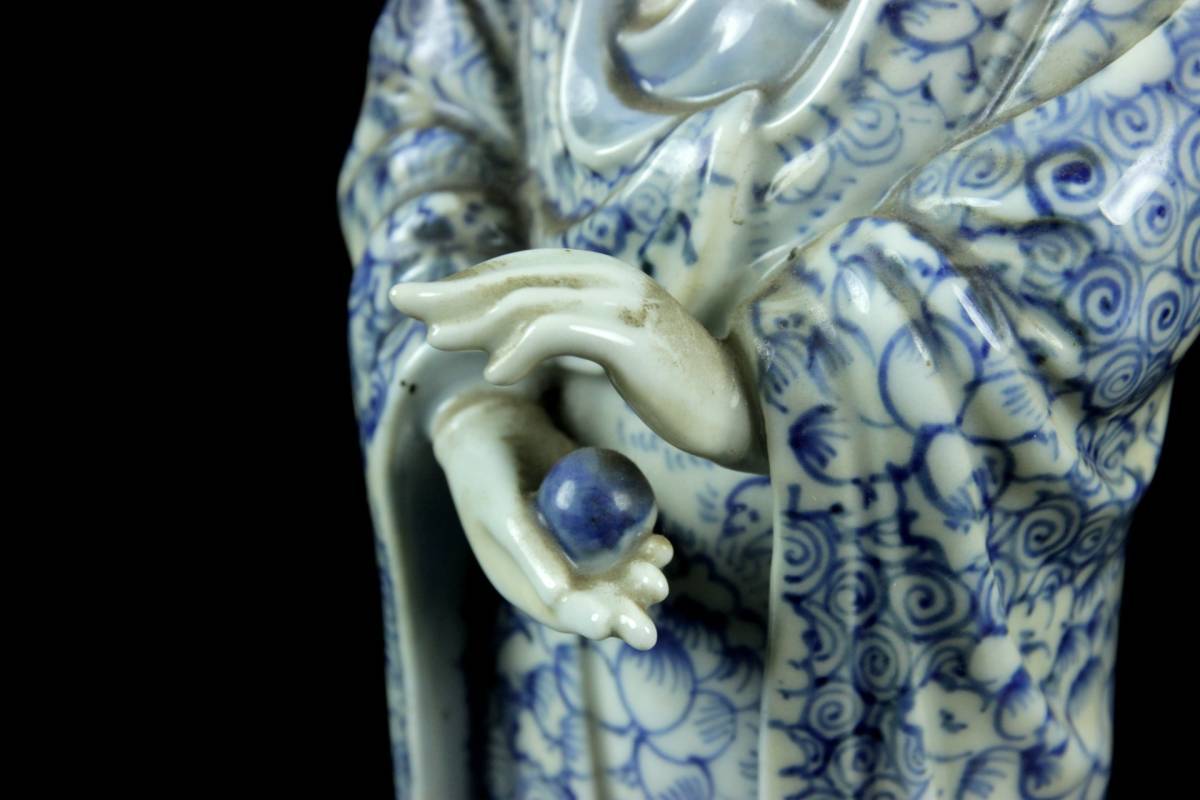 ◇櫟◇ 中国古玩 唐草花染付観音菩薩像 36cm 細密細工 仏像唐物骨董 H