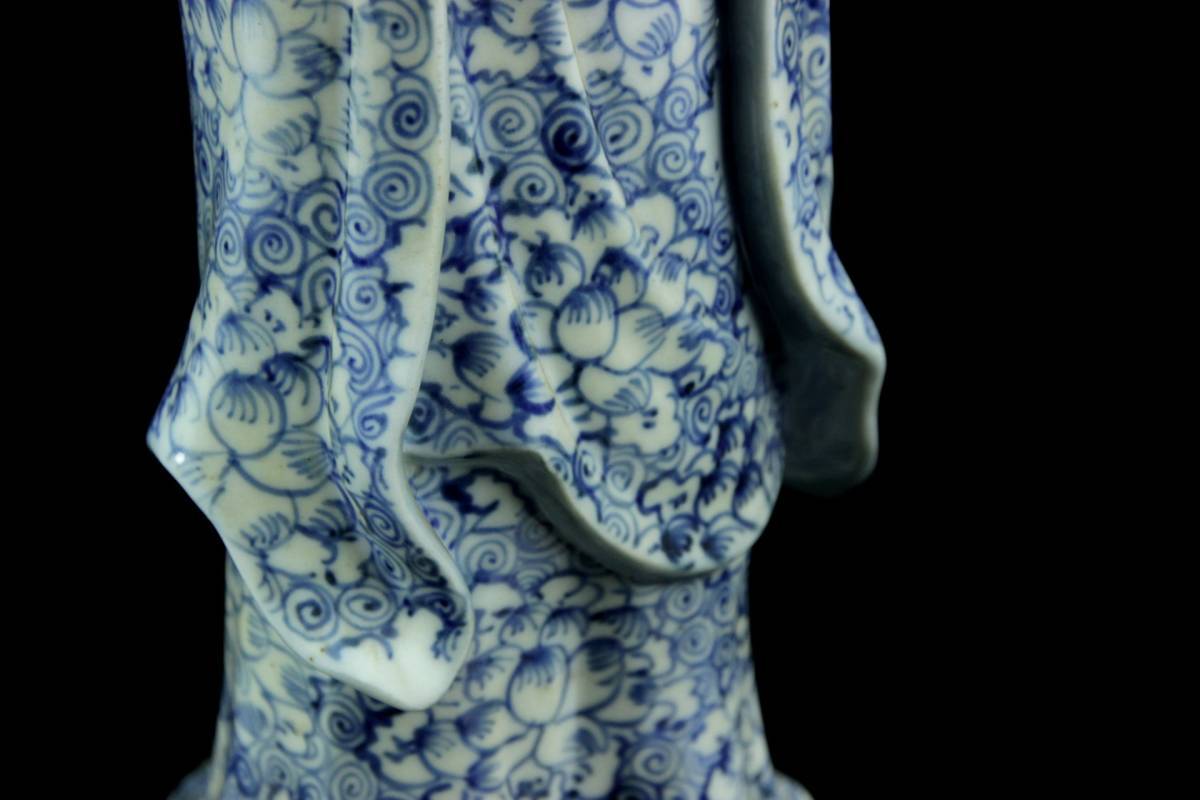 ◇櫟◇ 中国古玩 唐草花染付観音菩薩像 36cm 細密細工 仏像唐物骨董 H