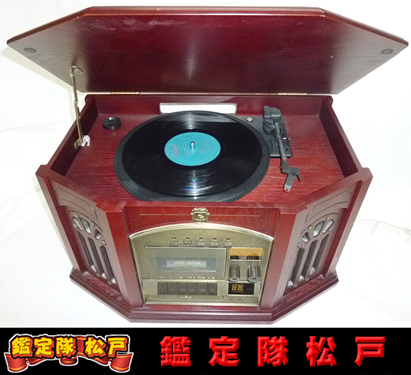 美しい木目調 レコードプレーヤー カセット CD ラジオ付きコンポ AH