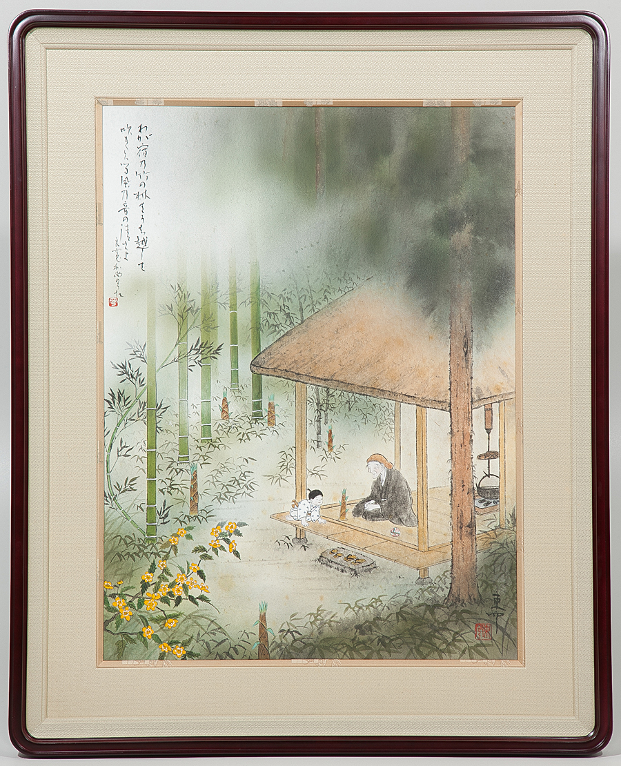 五】水江東穹 『たけのこ～良寬和尚』 日本画 真作 額装 共シール タトウ