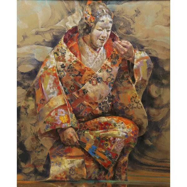 【真作】絵画　赤石文雄　パステル画　花筐　華やぐ和の舞姿　優雅な能舞　X180 WISH】○赤石文雄 元現代パステル協会委員・大賞 パステル「船弁慶